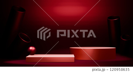 Dark red style. Fashion product background, stand product podium display with blank backdrops. Dark red style. Fashion product background, stand product podium display with blank backdrops. 120958635