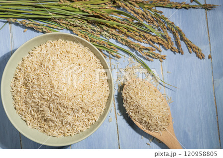 Nice view of a bowl of brown raw rice is next to a spoonful and ears of rice Nice view of a bowl of brown raw rice is next to a spoonful and ears of rice 120958805