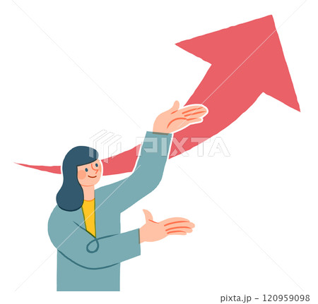 上昇する赤い矢印と手で指し示す女性 上昇する赤い矢印と手で指し示す女性 120959098