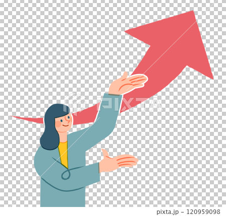 Rising red arrow and woman pointing with hand 120959098