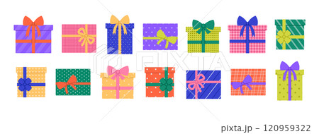 Set of colored gift boxes with different patterns and bows. Present collection in colorful wrapping paper. Birthday, Christmas celebration. Vector flat illustration isolated on white background 120959322