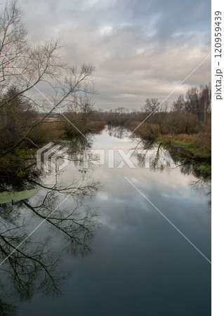 A river with trees that gives a beautiful reflection in the water. A dark sky with clouds in the background A river with trees that gives a beautiful reflection in the water. A dark sky with clouds in the background 120959439