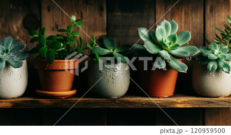 棚に置かれた多肉植物の小さな鉢植え 棚に置かれた多肉植物の小さな鉢植え 120959500