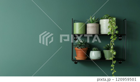 壁に取り付けられた棚とオシャレな鉢に植えられた観葉植物 120959501