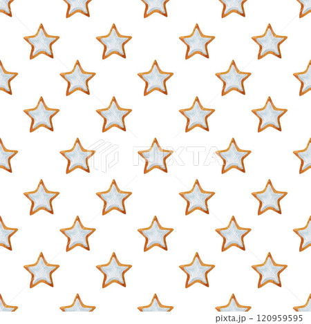 Christmas seamless pattern with star shaped gingerbread cookies on white background. Holiday endless pattern. Scrapbook paper, digital paper. Pattern for fabric, wrapping paper. 120959595