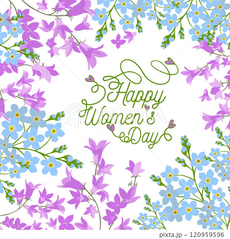 Happy women's day greeting card. Postcard on March 8 with flowers. Hand drawn. Not AI, Vector illustration 120959596