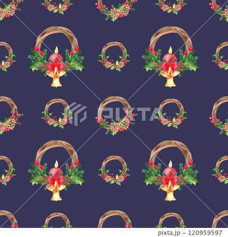 Watercolor hand drawn merry christmas seamless pattern with wreaths, holly, candle, jingle bells. Holiday pattern for fabric, scrapbook paper, wrapping. Digital paper. Dark blue background 120959597