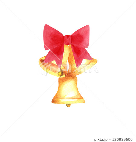 Christmas golden bells and red bow watercolor hand drawn illustration isolated on white background. Holiday decorations. Perfect for print, textile, paper. 120959600