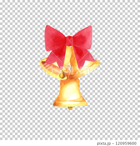 Christmas golden bells and red bow watercolor hand drawn illustration isolated on white background. Holiday decorations. Perfect for print, textile, paper. 120959600