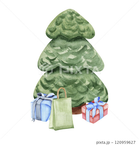 Christmas tree with gifts. Watercolor illustration of a Christmas tree with surprises. Hand-drawn drawings for your design Christmas tree with gifts. Watercolor illustration of a Christmas tree with surprises. Hand-drawn drawings for your design 120959627