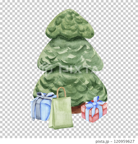 Christmas tree with gifts. Watercolor illustration of a Christmas tree with surprises. Hand-drawn drawings for your design 120959627