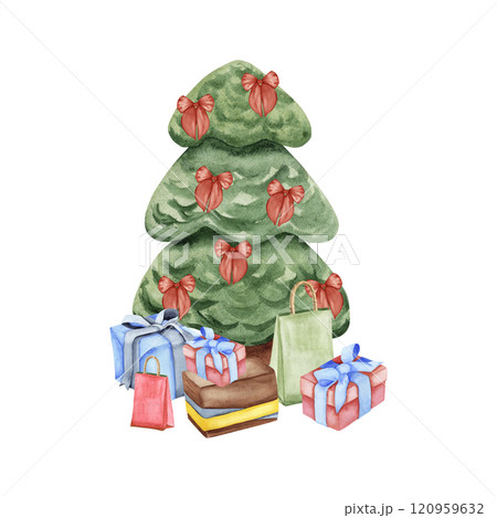 Christmas tree with gifts. Watercolor illustration of a Christmas tree with surprises. Hand-drawn drawings for your design 120959632