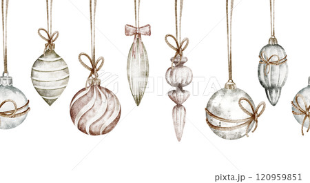 Watercolor holiday illustration with Christmas decorations. Isolated clip art of handmade decorations and presents for posters or wallpapers. Ideal for festive Christmas and New Year designs. 120959851
