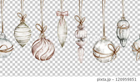 Watercolor holiday illustration with Christmas decorations. Isolated clip art of handmade decorations and presents for posters or wallpapers. Ideal for festive Christmas and New Year designs. Watercolor holiday illustration with Christmas decorations. Isolated clip art of handmade decorations and presents for posters or wallpapers. Ideal for festive Christmas and New Year designs. 120959851