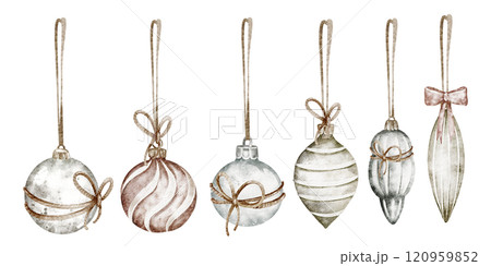 Watercolor holiday illustration with Christmas decorations. Isolated clip art of handmade decorations and presents for posters or wallpapers. Ideal for festive Christmas and New Year designs. Watercolor holiday illustration with Christmas decorations. Isolated clip art of handmade decorations and presents for posters or wallpapers. Ideal for festive Christmas and New Year designs. 120959852