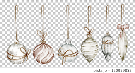Watercolor holiday illustration with Christmas decorations. Isolated clip art of handmade decorations and presents for posters or wallpapers. Ideal for festive Christmas and New Year designs. Watercolor holiday illustration with Christmas decorations. Isolated clip art of handmade decorations and presents for posters or wallpapers. Ideal for festive Christmas and New Year designs. 120959852