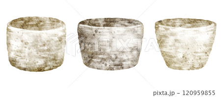 Watercolor wicker basket illustration. Hand-drawn depiction of natural rattan container in beige and brown tones. Perfect for eco-themed designs or craft-inspired projects. 120959855