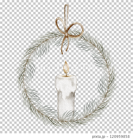 Watercolor spruce Christmas wreath illustration. Hand-drawn festive design with evergreen branches, candle, and decorative elements. Perfect for holiday cards and rustic seasonal projects. 120959858
