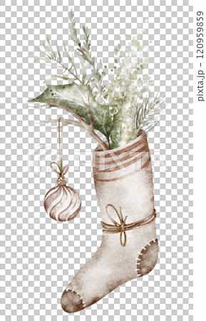 Christmas festive watercolor illustration. Hand-drawn sock with holly sprigs with evergreen leaves perfect for holiday cards or winter invitations. Traditional botanical art on an isolated background. Christmas festive watercolor illustration. Hand-drawn sock with holly sprigs with evergreen leaves perfect for holiday cards or winter invitations. Traditional botanical art on an isolated background. 120959859