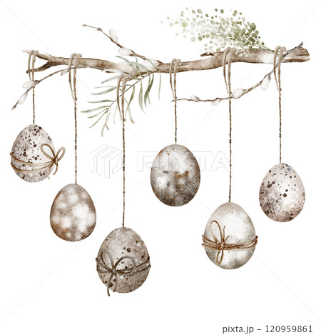 Watercolor illustration of Easter eggs on willow twigs. Elegant hand-drawn composition for springtime celebration cards and invitations. Perfect for holiday designs with traditional Christian themes. 120959861