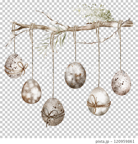 Watercolor illustration of Easter eggs on willow twigs. Elegant hand-drawn composition for springtime celebration cards and invitations. Perfect for holiday designs with traditional Christian themes. 120959861