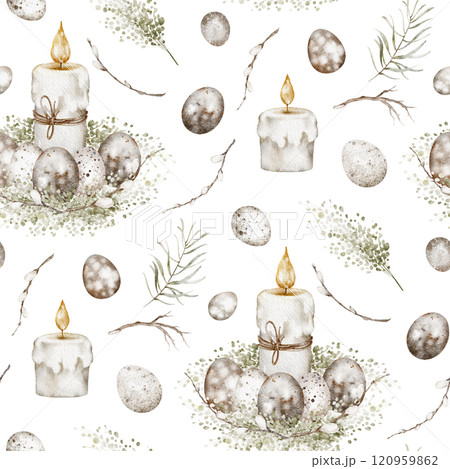 Seamless Easter pattern with elegant watercolor art. Hand-drawn springtime composition with eggs, twigs, and decorations for festive designs. Ideal for holiday cards, wrapping, and textile patterns. 120959862