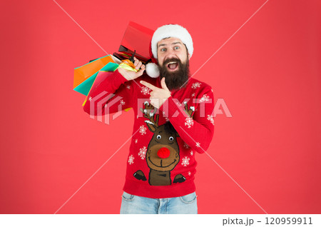 Home shopping. men are goal oriented. Male Shopper. shopping expectations. happy bearded man new year present. gift packages from santa. xmas winter style. online christmas shopping for men 120959911