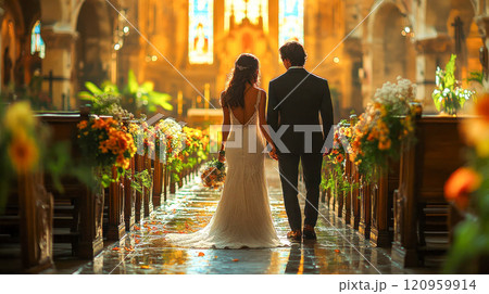 Romantic couple walking down a decorated church aisle under warm sunlight 120959914
