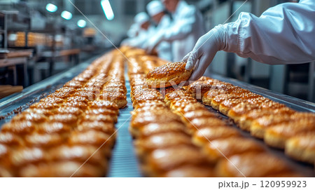 Workers in a bakery factory inspecting fresh sesame-seeded buns on a conveyor belt Workers in a bakery factory inspecting fresh sesame-seeded buns on a conveyor belt 120959923