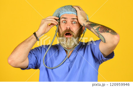 Brutal doctor worried about head health. Medical help and consultation. scared doctor use phonendoscope. Feeling Unwell. new virus spreads from China. oh my god. coronavirus epidemic disease 120959946