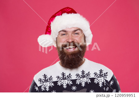 Be happy. portrait of santa man with beard. new year party. christmas time. happy bearded man santa hat. brutal hipster favorite sweater red background. winter holiday fun. happy face mustache 120959951