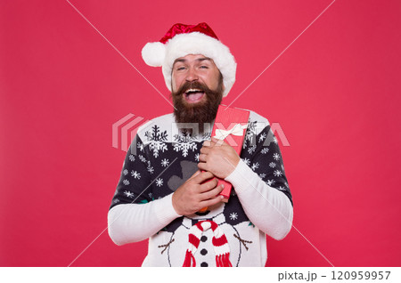 Holiday gift delivery. Happy santa hold christmas gift. Bearded man got new year gift. Holiday gift. Christmas and New Year celebration. Boxing day Holiday gift delivery. Happy santa hold christmas gift. Bearded man got new year gift. Holiday gift. Christmas and New Year celebration. Boxing day 120959957