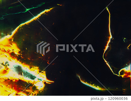 Distressed texture. Damaged film overlay. Aged foil. White orange color light flare dust scratch defect stain worn crumpled surface texture dark illustration art abstract background. 120960036