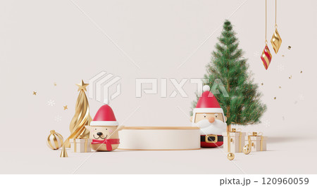 3D render, Merry Christmas and happy new year background with empty podium, santa, golden decorations, gifts, and a green tree. 120960059