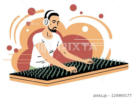 Young man with a music mixing console 120960177