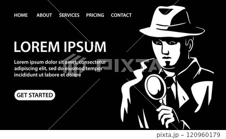 Man detective wearing a hat and a magnifying glass Man detective wearing a hat and a magnifying glass 120960179
