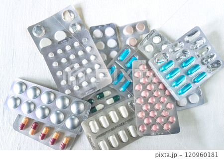 Top view for heap of pills and tablets on white background Top view for heap of pills and tablets on white background 120960181