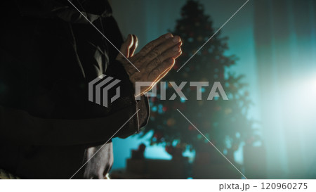 Christian Religious Praying Hands Silhouette In Front Of Christmas Tree 120960275