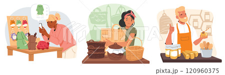 Handicraft toy master, craftswoman wicker basket weaver, apiarist showcasing products scene 120960375