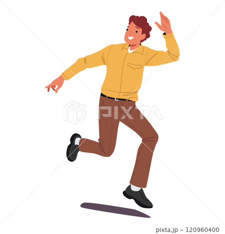 Happy young man cartoon character waving hand hello gesture and running isolated on white background 120960400