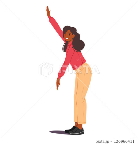 Trendy fashion teenage girl showcasing measuring hands gesture isolated on white background 120960411
