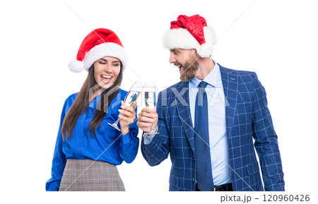 corporate xmas party of happy business couple. merry xmas to business couple in studio. 120960426