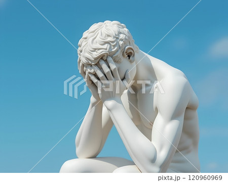 Emotionally expressive sculpture of a young man with his head in his hands against a clear blue sky Emotionally expressive sculpture of a young man with his head in his hands against a clear blue sky 120960969
