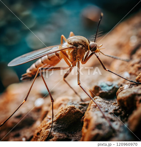 Close-up view of a mosquito perched on a rock in a natural setting during daylight 120960970