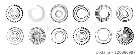 Halftone circular dotted frames set. Set of black thick halftone dotted speed lines. Speed lines in circle form. Geometric art. Vector 120960987