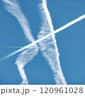 Gaseous trails of airplanes in the blue sky in Milan, Italy, in 2023.. 120961028