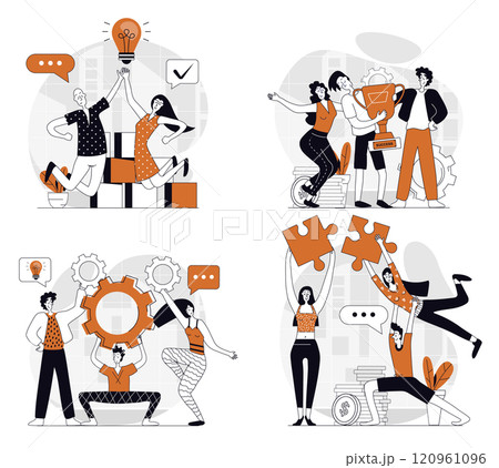 Teamwork concept set in flat design for web. Collection with people working together, developing project, solving problems, doing tasks in team, helping at supporting partners. Vector illustrations. 120961096