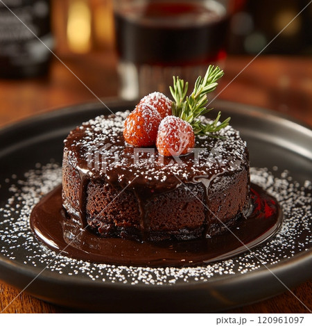 decadent molten chocolate lava cake sits elegantly black plate topped powdered sugar and garnished fresh strawberries. decadent molten chocolate lava cake sits elegantly black plate topped powdered sugar and garnished fresh strawberries. 120961097