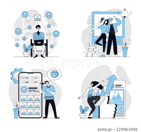 Social network concept set in flat design for web. Collection with people connecting online with internet friends, taking selfies, posting online, collect likes, developing blog. Vector illustrations. Social network concept set in flat design for web. Collection with people connecting online with internet friends, taking selfies, posting online, collect likes, developing blog. Vector illustrations. 120961098