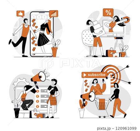 Social media marketing concept set in flat design for web. Collection with people making online advertising with influencers for targeting audience, customers making purchases. Vector illustrations. Social media marketing concept set in flat design for web. Collection with people making online advertising with influencers for targeting audience, customers making purchases. Vector illustrations. 120961099